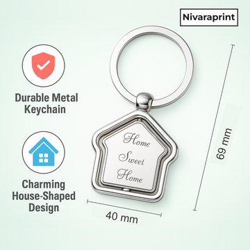 House-shaped keychain with 'Home Sweet Home' text, featuring Nivaraprint branding.