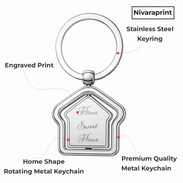 Nivaraprint stainless steel keyring with engraved 'Home Sweet Home' text on a white background