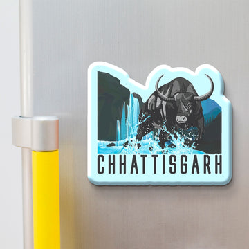 Fridge magnet with a bull design and 'Chhattisgarh' text on a metallic surface.