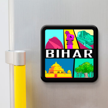 Fridge magnet with colorful design of Bihar landmarks on a metallic surface.