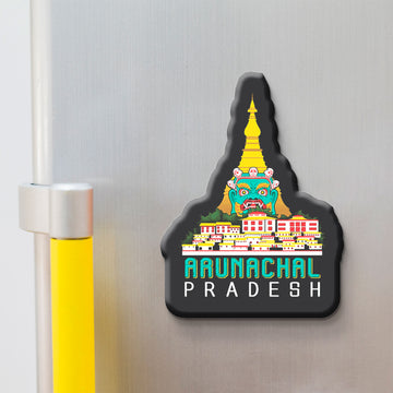 Fridge magnet shaped like Arunachal Pradesh with colorful design on a metallic surface
