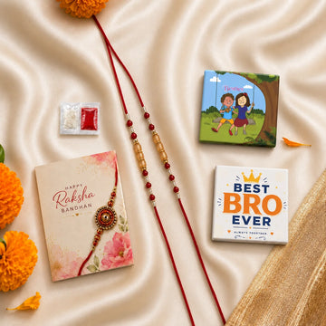 NIVARAPRINT Combo Set of 2 Simple Red Thread Beaded Rakhi for Brother with 2 Fridge Magnets, Greeting Card & Roli Chawal Pack | Premium Raksha Bandhan Rakhi for Bhaiya