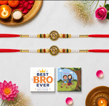NIVARAPRINT Combo Set of 2 OM Pearl Beaded Rakhi for Brother with 2 Fridge Magnets, Greeting Card & Roli Chawal Pack | Premium Raksha Bandhan Rakhi for Bhaiya