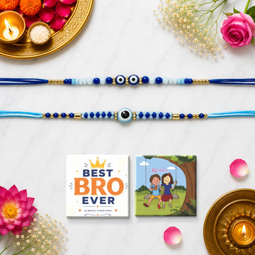 NIVARAPRINT Combo Set of 2 Evil Eye Blue Beaded Rakhi for Brother, Set of 2 Fridge Magnets, Greeting Card and Roli Chawal Pack