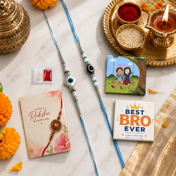 NIVARAPRINT Combo Set of 2 Evil Eye Nazar Blue Beaded Rakhi for Brother with 2 Fridge Magnets, Greeting Card & Roli Chawal Pack | Premium Raksha Bandhan Rakhi for Bhaiya