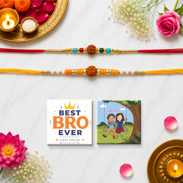 NIVARAPRINT Combo Set of 2 Rudraksha Beaded Rakhi for Brother with 2 Fridge Magnets, Greeting Card & Roli Chawal Pack | Premium Raksha Bandhan Rakhi for Bhaiya