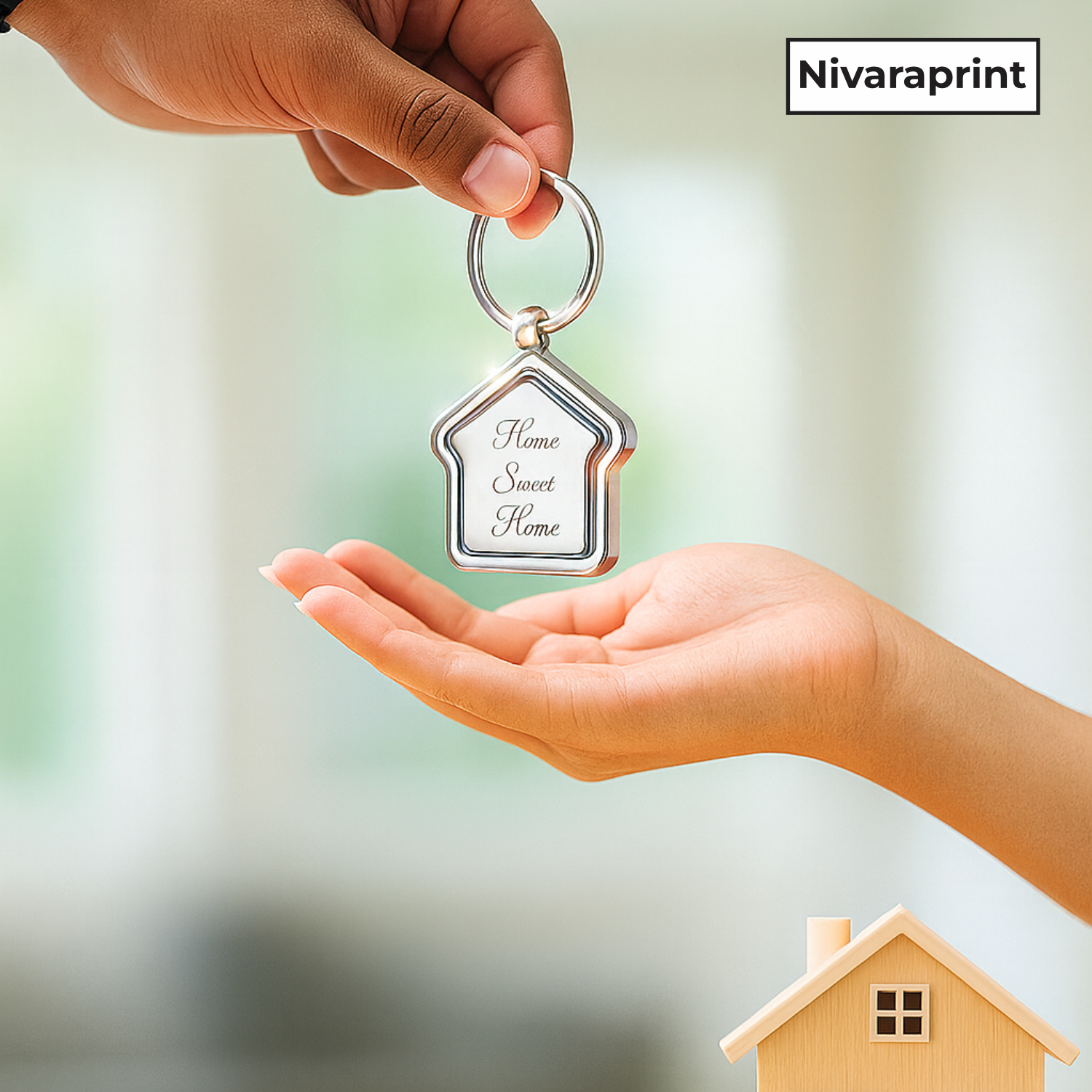 Keychain with 'Home Sweet Home' text held by a hand, with a blurred background and 'Nivaraprint' branding.