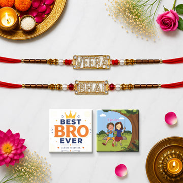 NIVARAPRINT Combo Set of 2 Rakhis 'Bhai' and 'Veera' Metal Plate for Brother with 2 Fridge Magnets, Greeting Card and Roli Chawal Pack