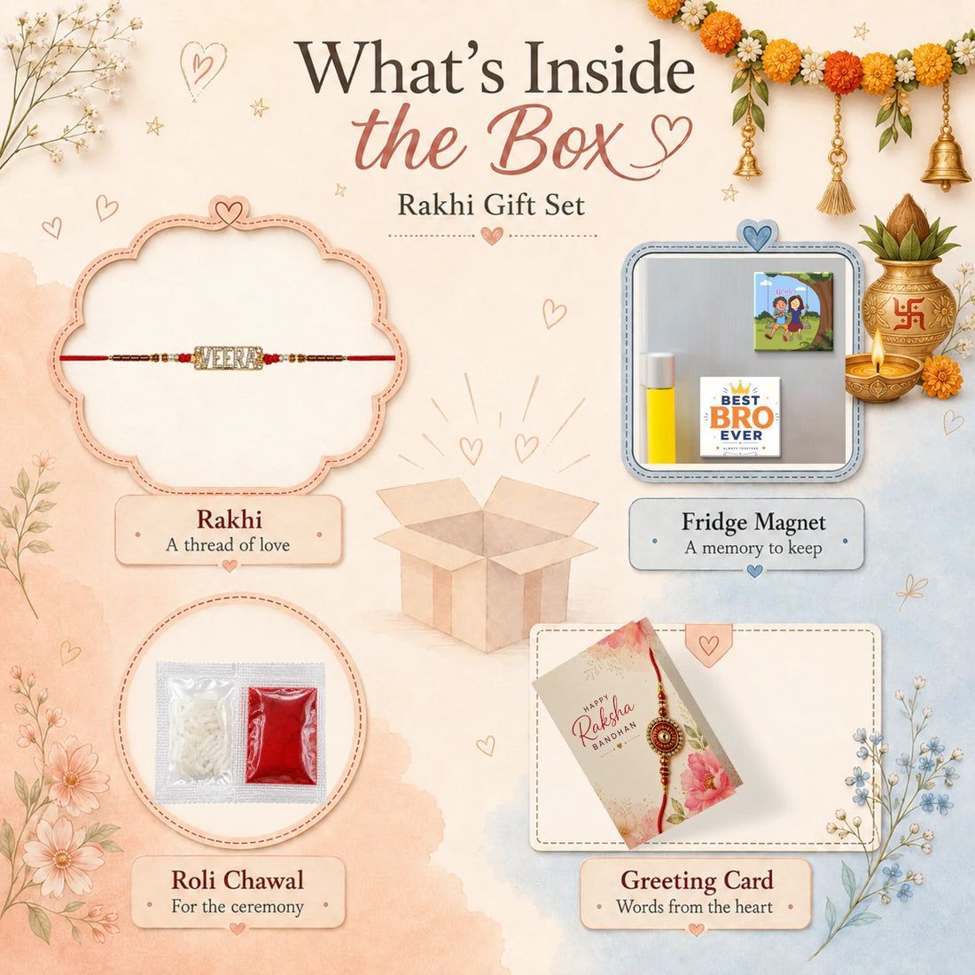 NIVARAPRINT Veera Metal Plate Pearl Beaded Rakhi for Brother with 2 Fridge Magnets, Greeting Card & Roli Chawal Pack | Premium Raksha Bandhan Rakhi for Bhaiya