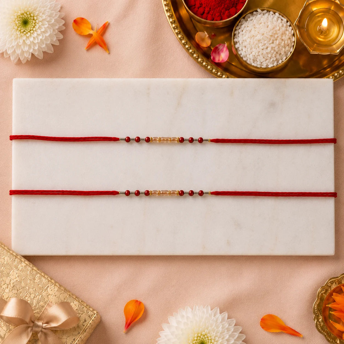 NIVARAPRINT Combo Set of 2 Simple Red Thread Beaded Rakhi for Brother with 2 Fridge Magnets, Greeting Card & Roli Chawal Pack | Premium Raksha Bandhan Rakhi for Bhaiya