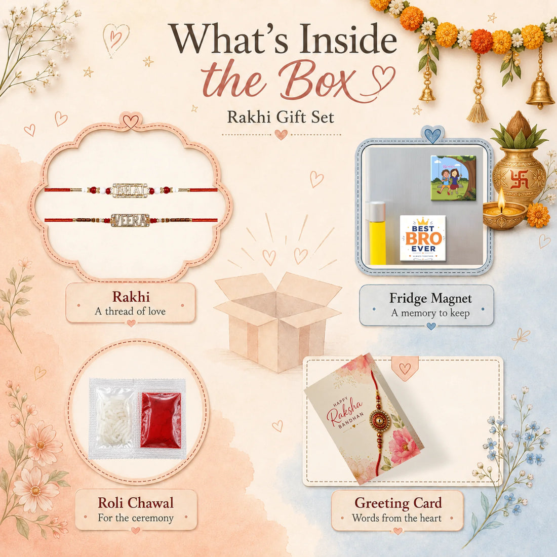 NIVARAPRINT Combo Set of 2 Rakhis 'Bhai' and 'Veera' Metal Plate for Brother with 2 Fridge Magnets, Greeting Card and Roli Chawal Pack