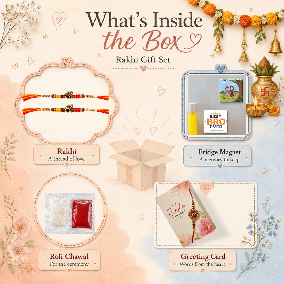NIVARAPRINT Combo Set of 2 Veera Rudraksha Beaded Rakhi for Brother with 2 Fridge Magnets, Greeting Card & Roli Chawal Pack | Premium Raksha Bandhan Rakhi for Bhaiya