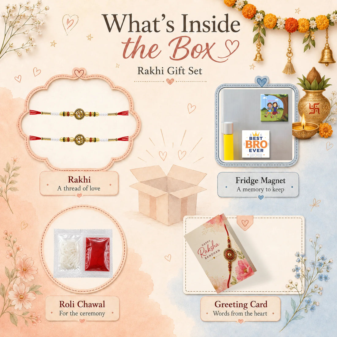 NIVARAPRINT Combo Set of 2 OM Pearl Beaded Rakhi for Brother with 2 Fridge Magnets, Greeting Card & Roli Chawal Pack | Premium Raksha Bandhan Rakhi for Bhaiya
