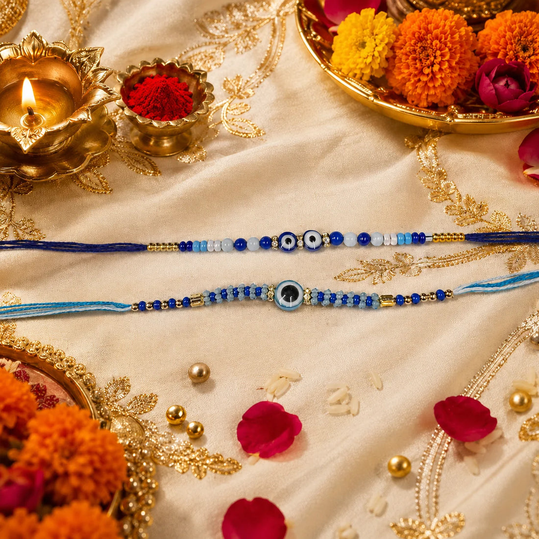NIVARAPRINT Combo Set of 2 Evil Eye Blue Beaded Rakhi for Brother, Set of 2 Fridge Magnets, Greeting Card and Roli Chawal Pack