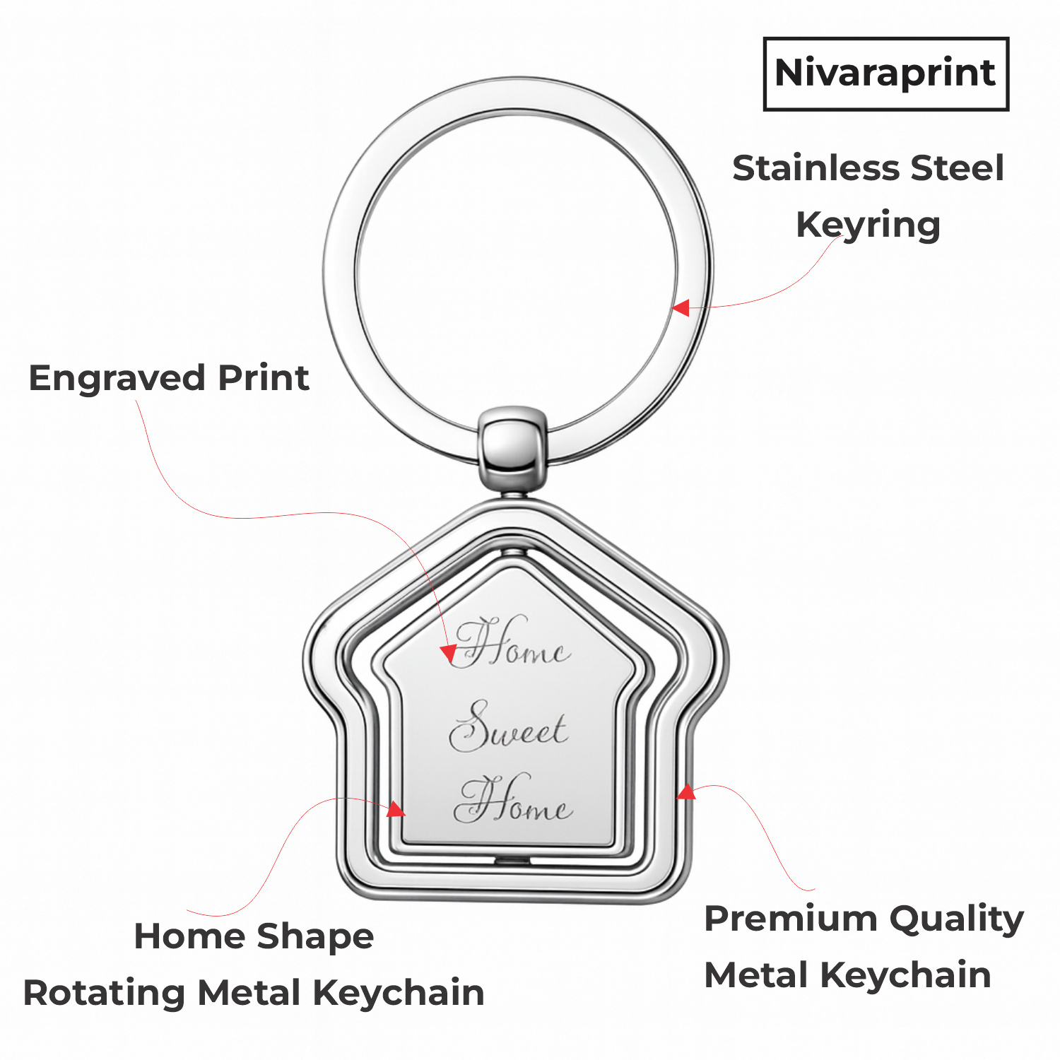 Nivaraprint stainless steel keyring with engraved 'Home Sweet Home' text on a white background