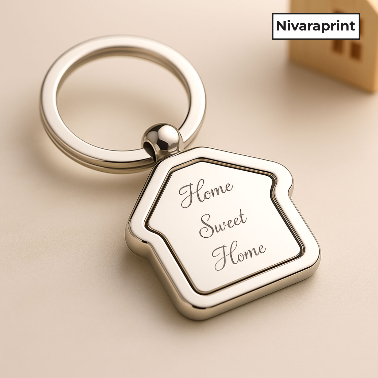 Keychain with 'Home Sweet Home' engraving on a beige background, featuring Nivaraprint branding.