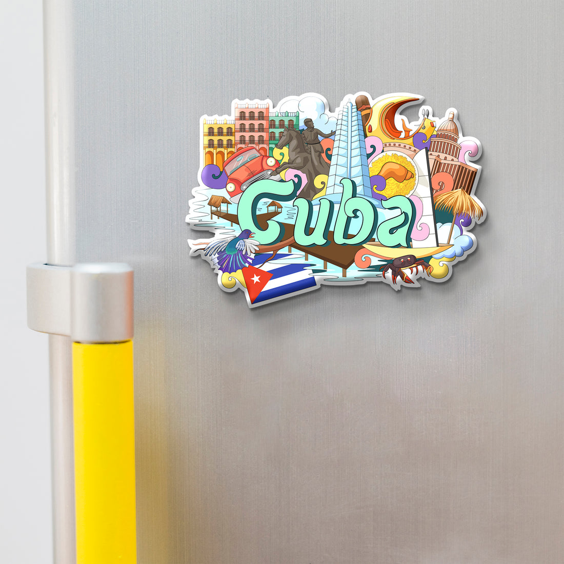 Colorful 'Guba' magnet with travel-themed design on a refrigerator.
