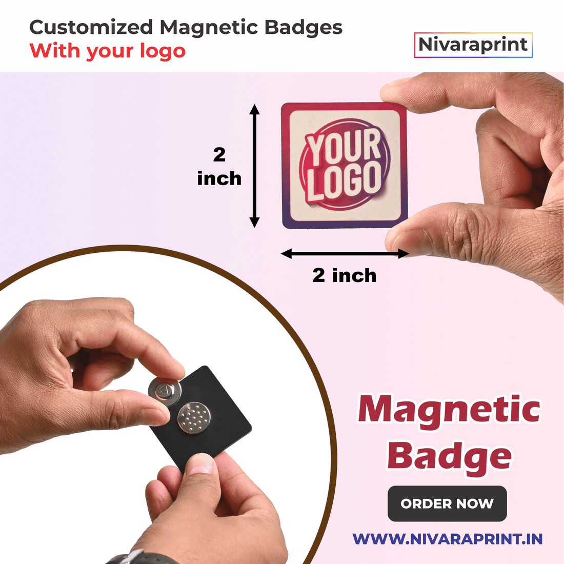 Customized Magnetic Badge with your logo | Size : 2 Inch | Material : MDF Wood