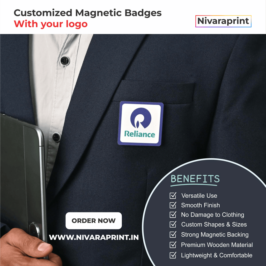 Customized Magnetic Badge with your logo | Size : 2 Inch | Material : MDF Wood