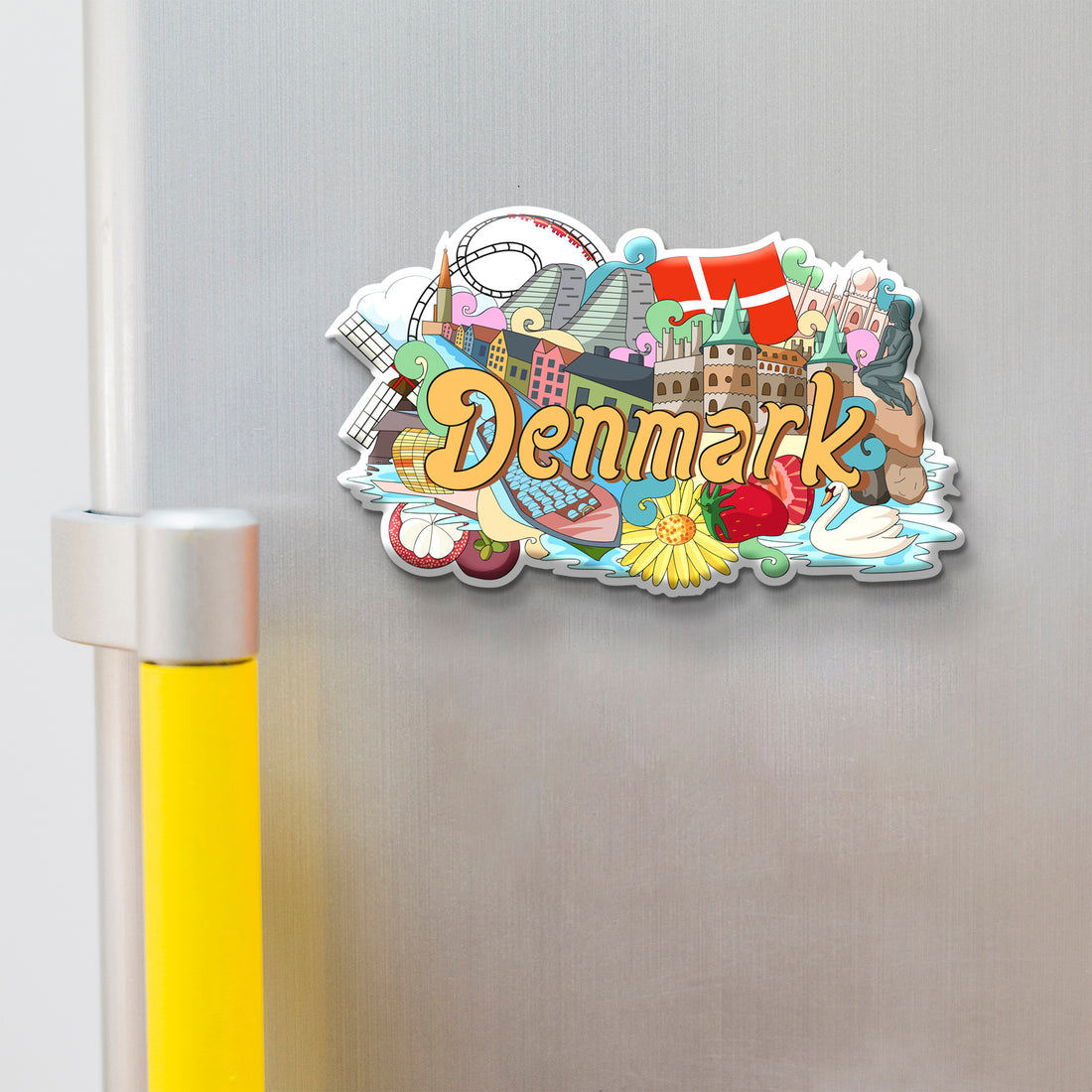 Fridge magnet with 'Denmark' text and various icons on a metallic surface