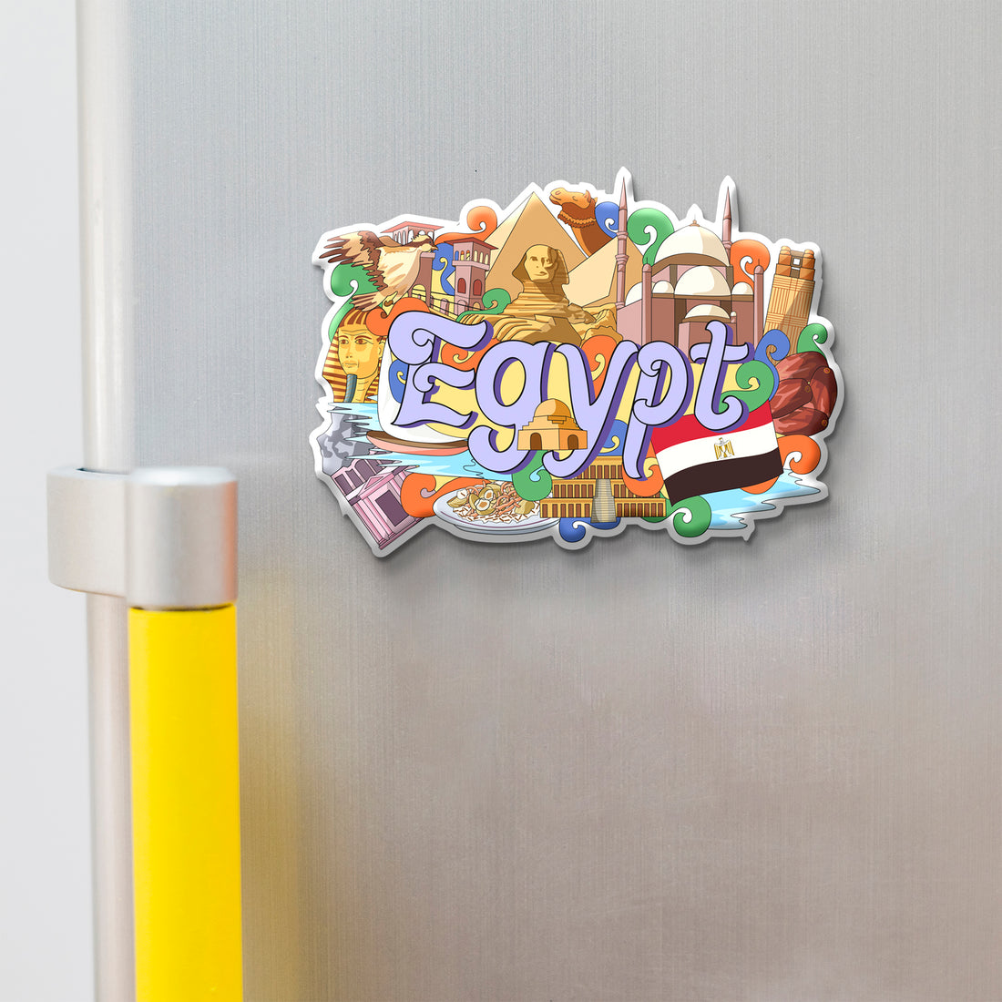 Colorful Egypt-themed magnet on a refrigerator door