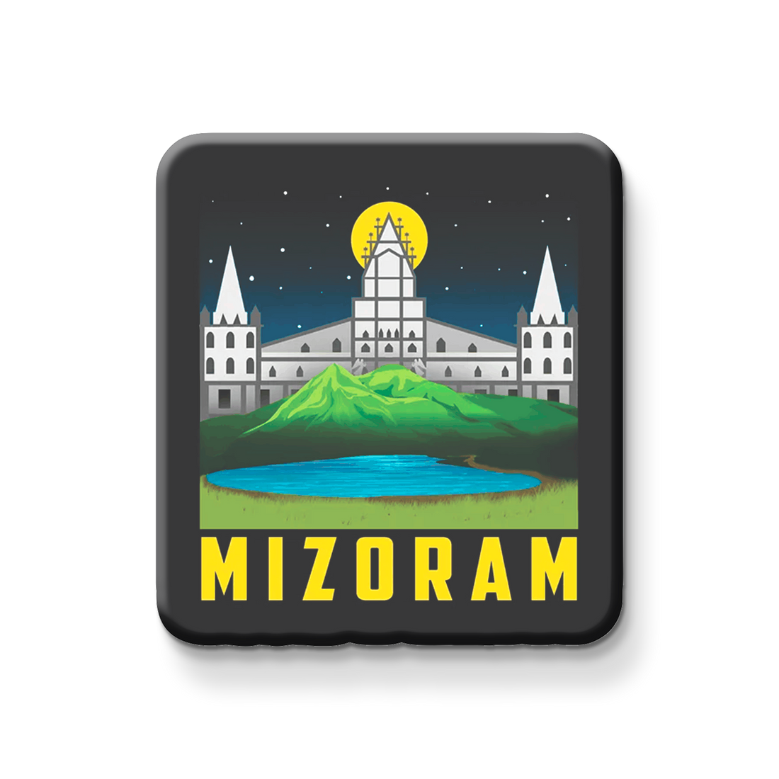 Fridge magnet with a design of Mizo architecture and 'MIZORAM' text on a metallic surface.