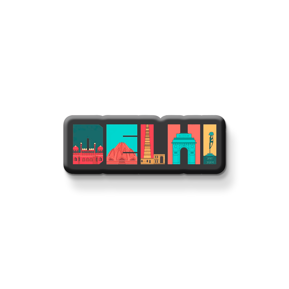 Decorative 'DELHI' fridge magnet with colorful illustrations on a refrigerator