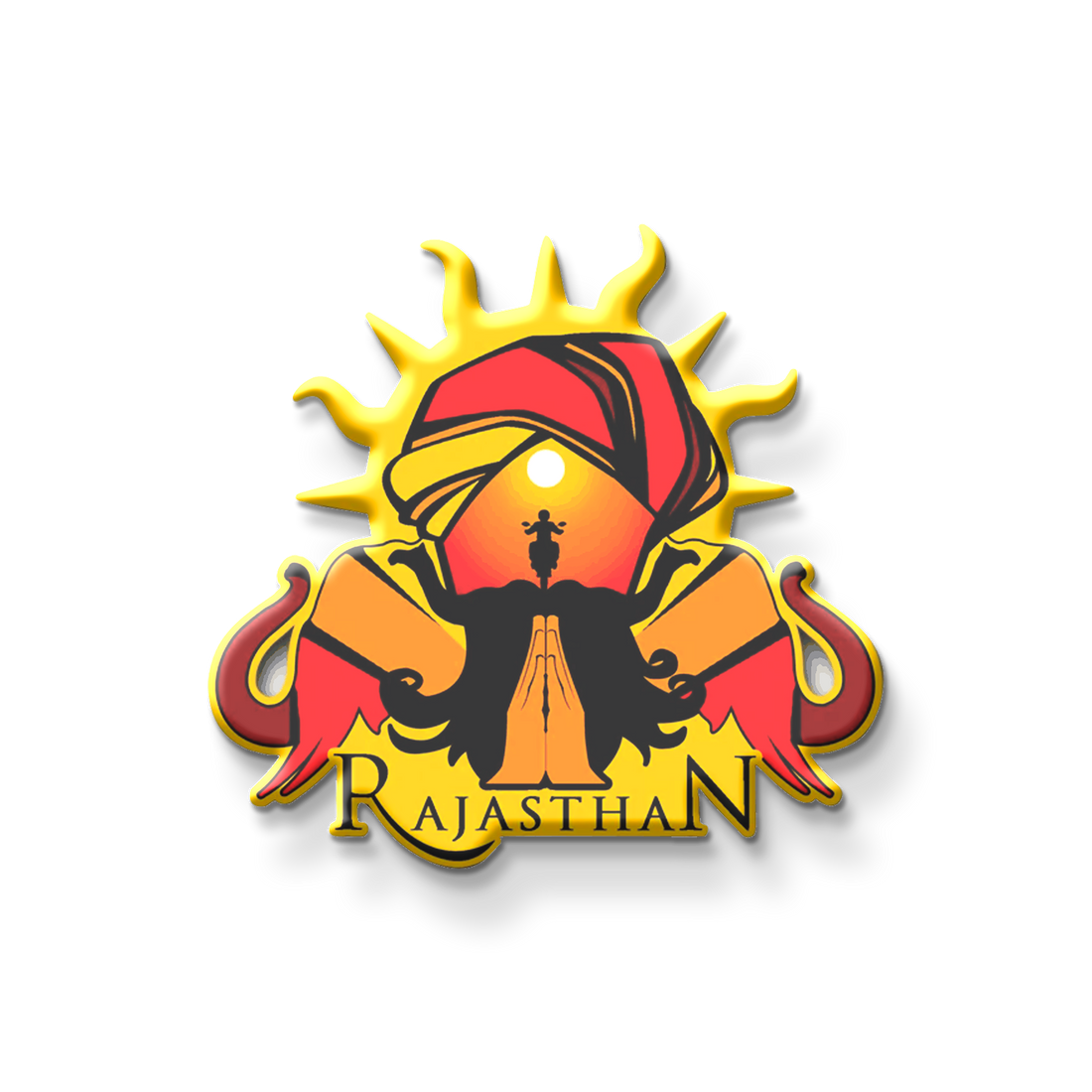 Magnet of Rajasthan with a sun, turban, and elephant on a white background