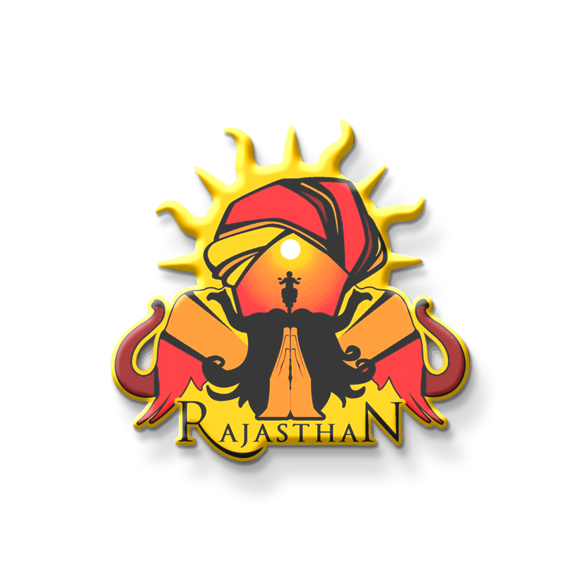 Magnet of Rajasthan with a sun, turban, and elephant on a white background