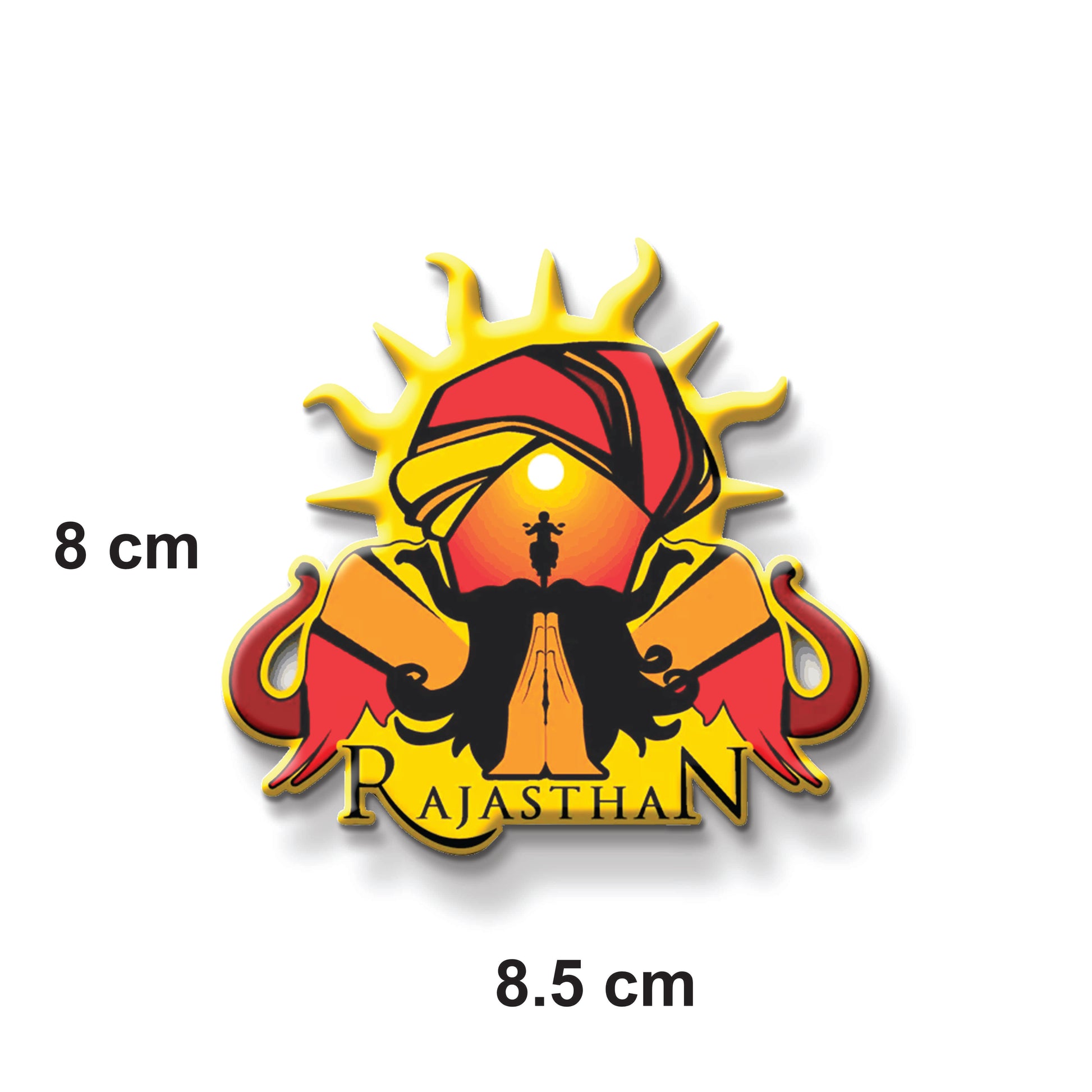 Magnet of Rajasthan with a sun, turban, and elephant on a white background