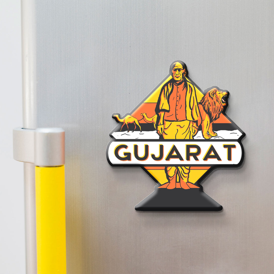 Gujarat-themed decorative magnet on a refrigerator door
