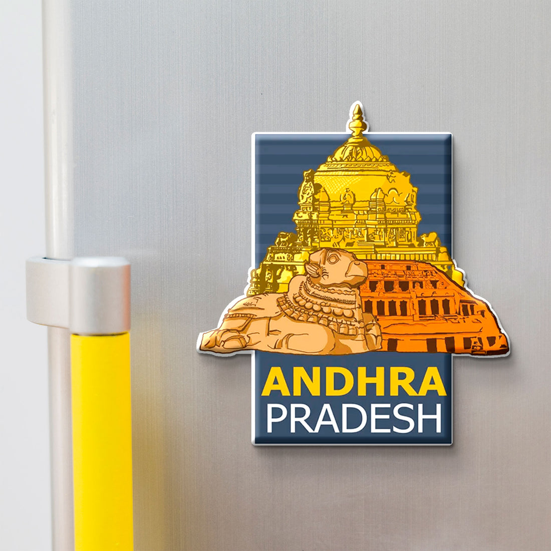 Fridge magnet with Andhra Pradesh design on a metallic surface