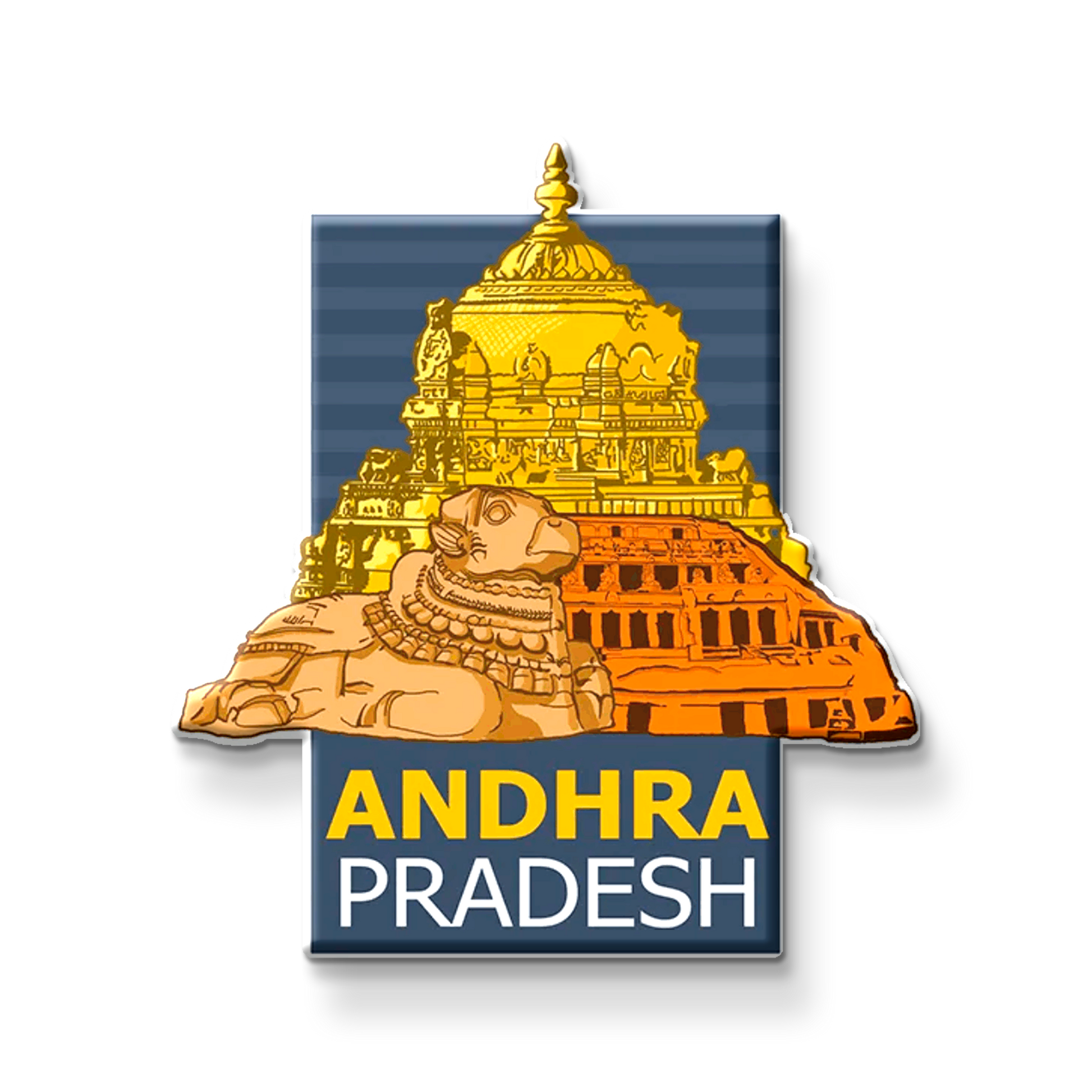 Fridge Magnet Andhra Pradesh with a temple and Nandi bull on a blue background
