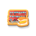 Fridge magnet with a red double-decker bus and Vadapav design on a white background