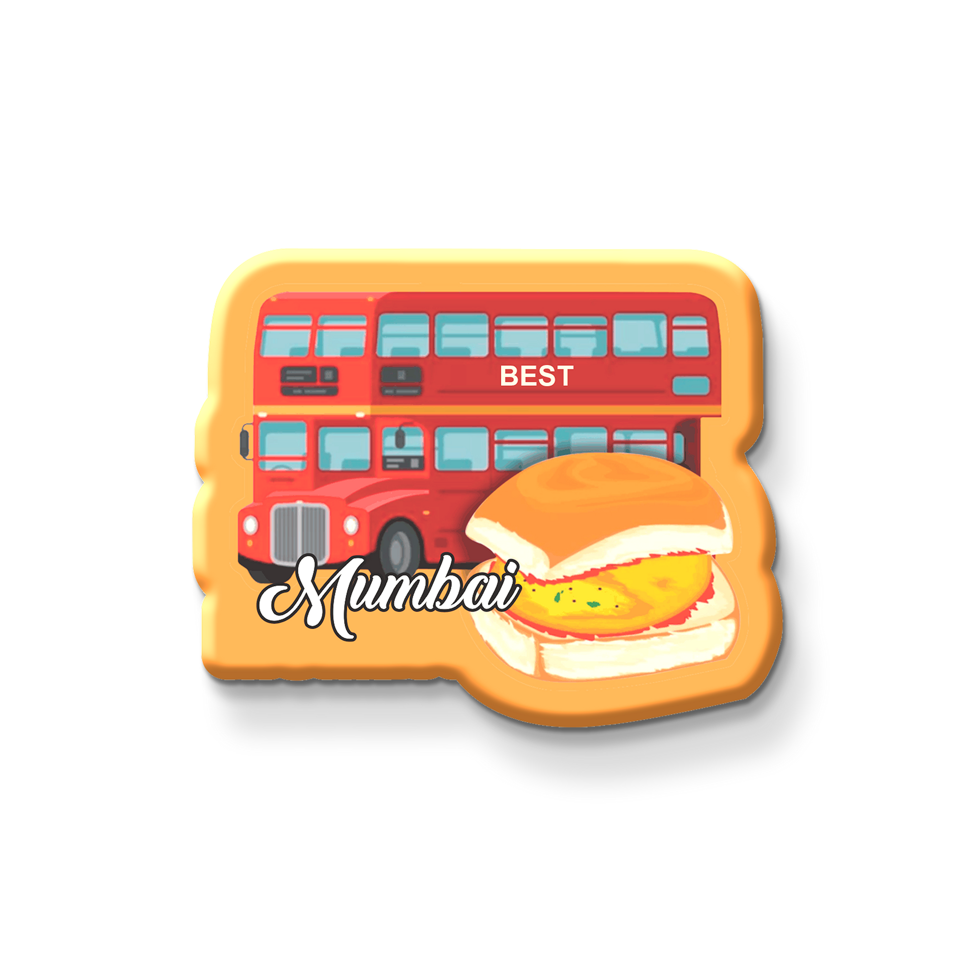 Fridge magnet with a red double-decker bus and Vadapav design on a white background