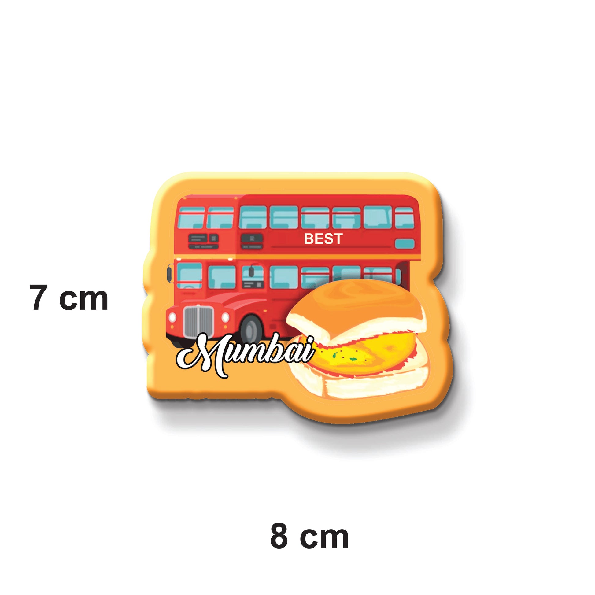 Fridge magnet with a red bus and vadapav design, labeled 'Mumbai' and 'BEST', with dimensions indicated.