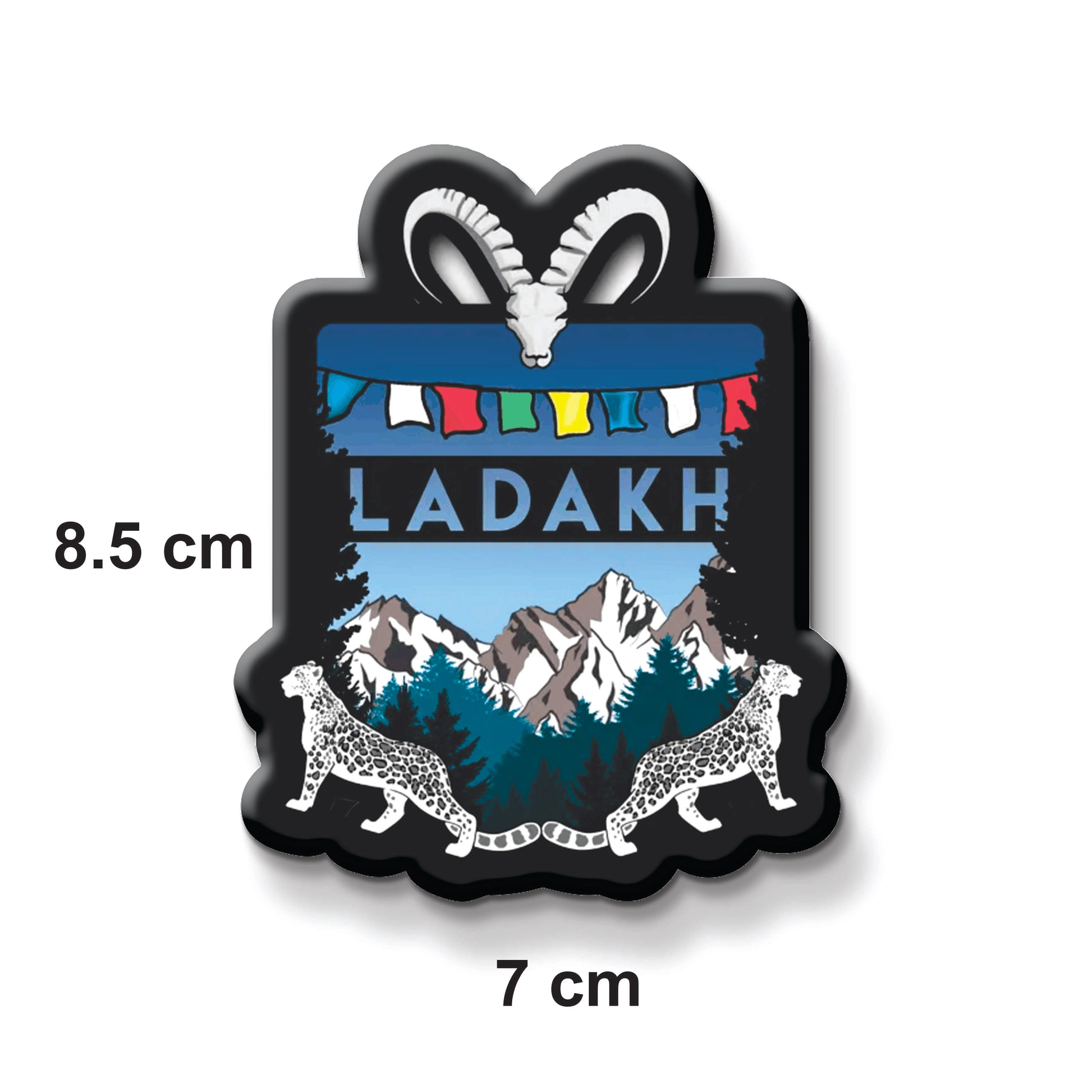 Magnet with 'Ladakh' design featuring mountains, leopards, and colorful flags on a black border.