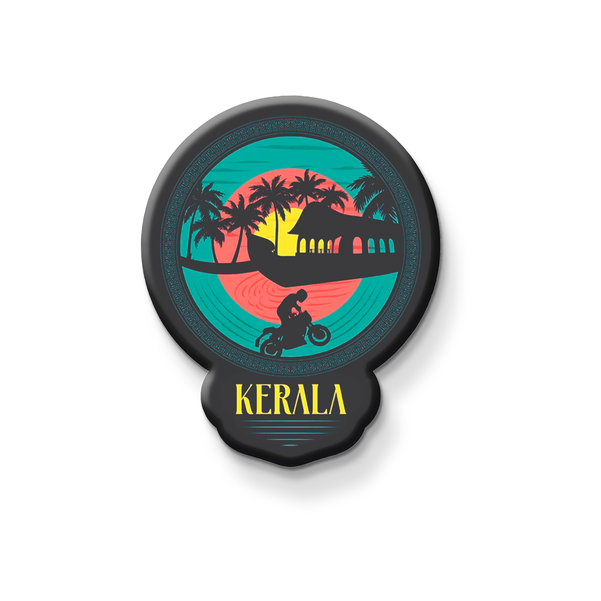 Decorative magnet with Kerala design featuring a silhouette of a person on a motorcycle, palm trees, and a sunset.