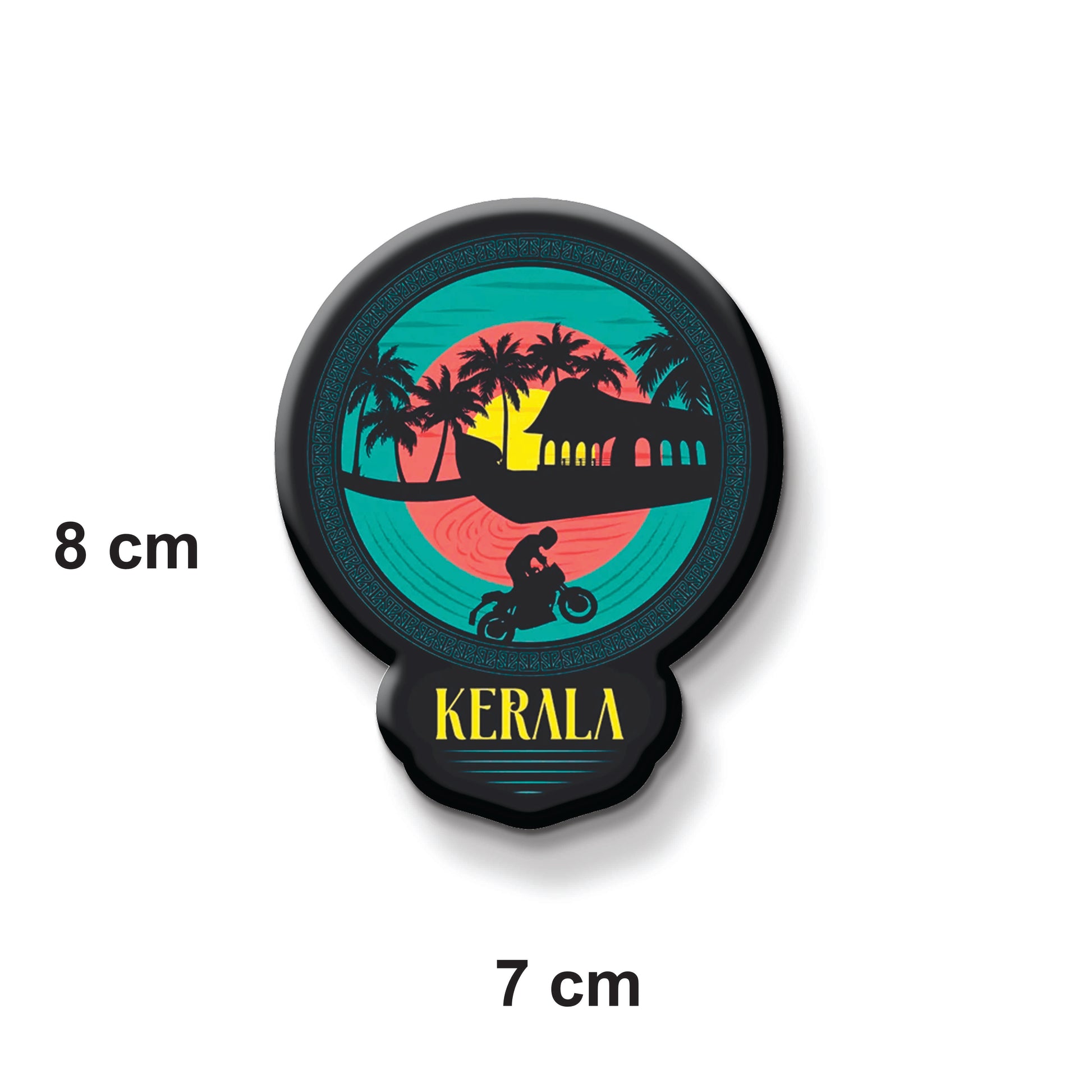 Circular magnet with Kerala design and dimensions on a white background