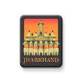 Magnet with illustration of a temple and horses, featuring the word 'Jharkhand' on an orange background.