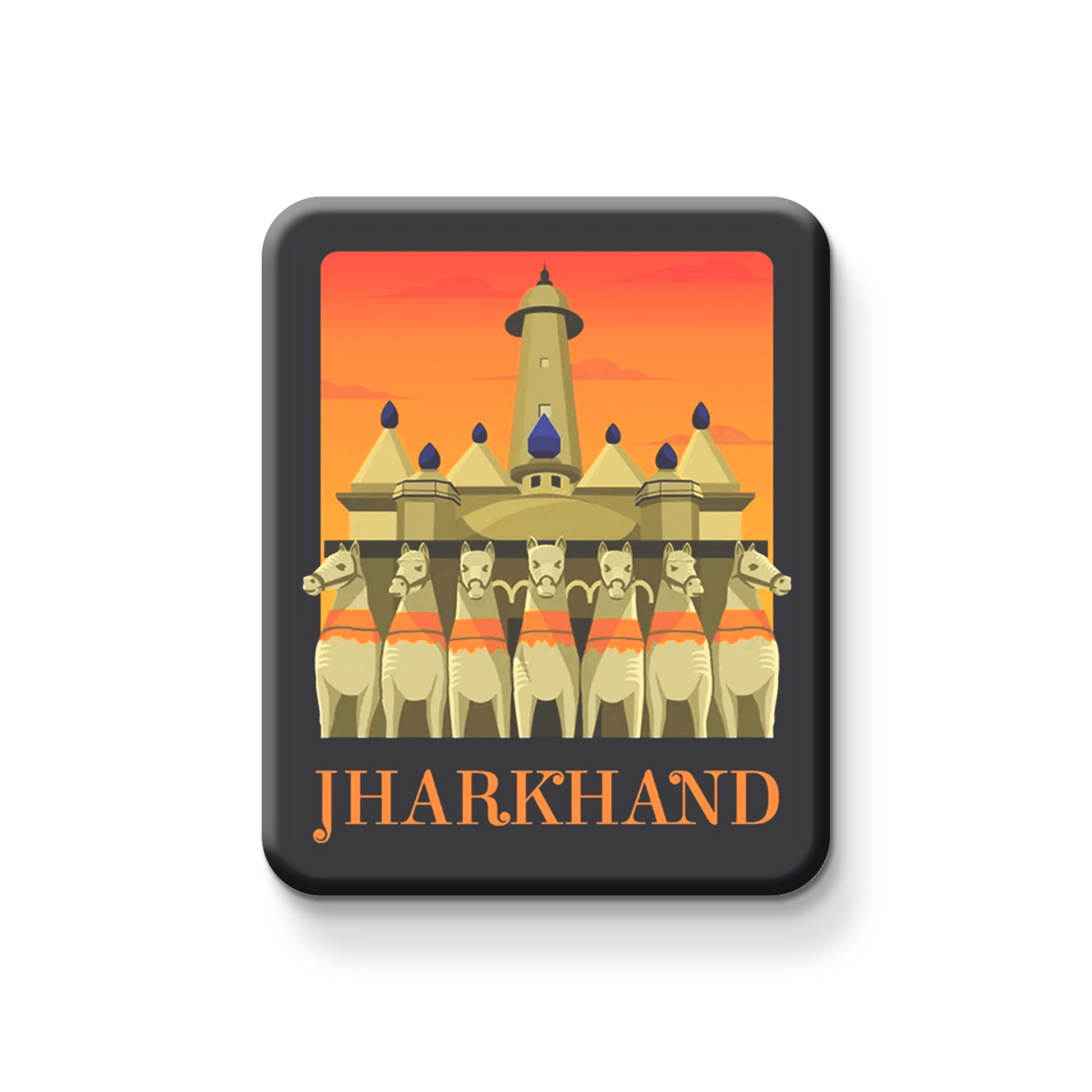 Magnet with illustration of a temple and horses, featuring the word 'Jharkhand' on an orange background.