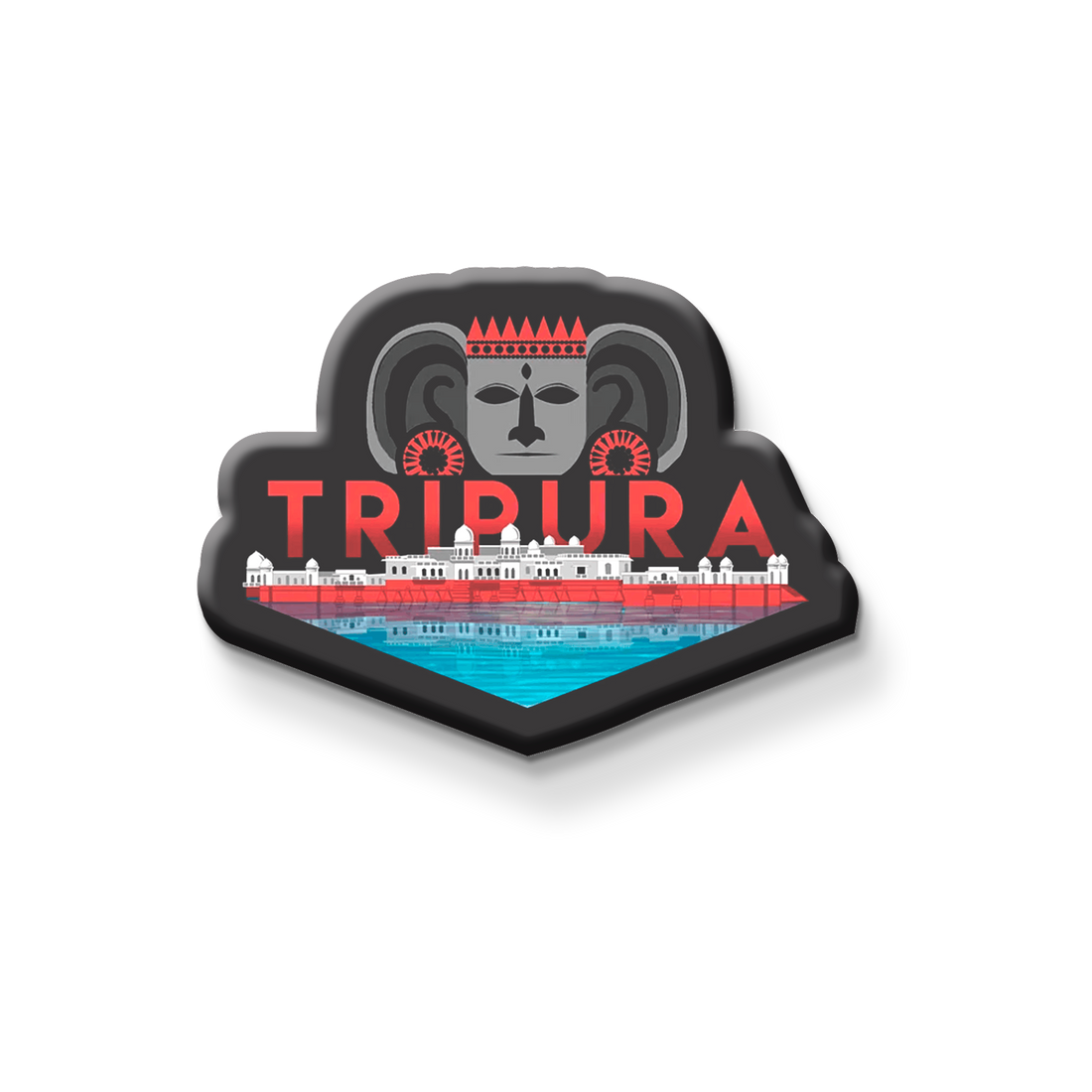 Fridge magnet with 'TRIPURA' design on a metallic surface