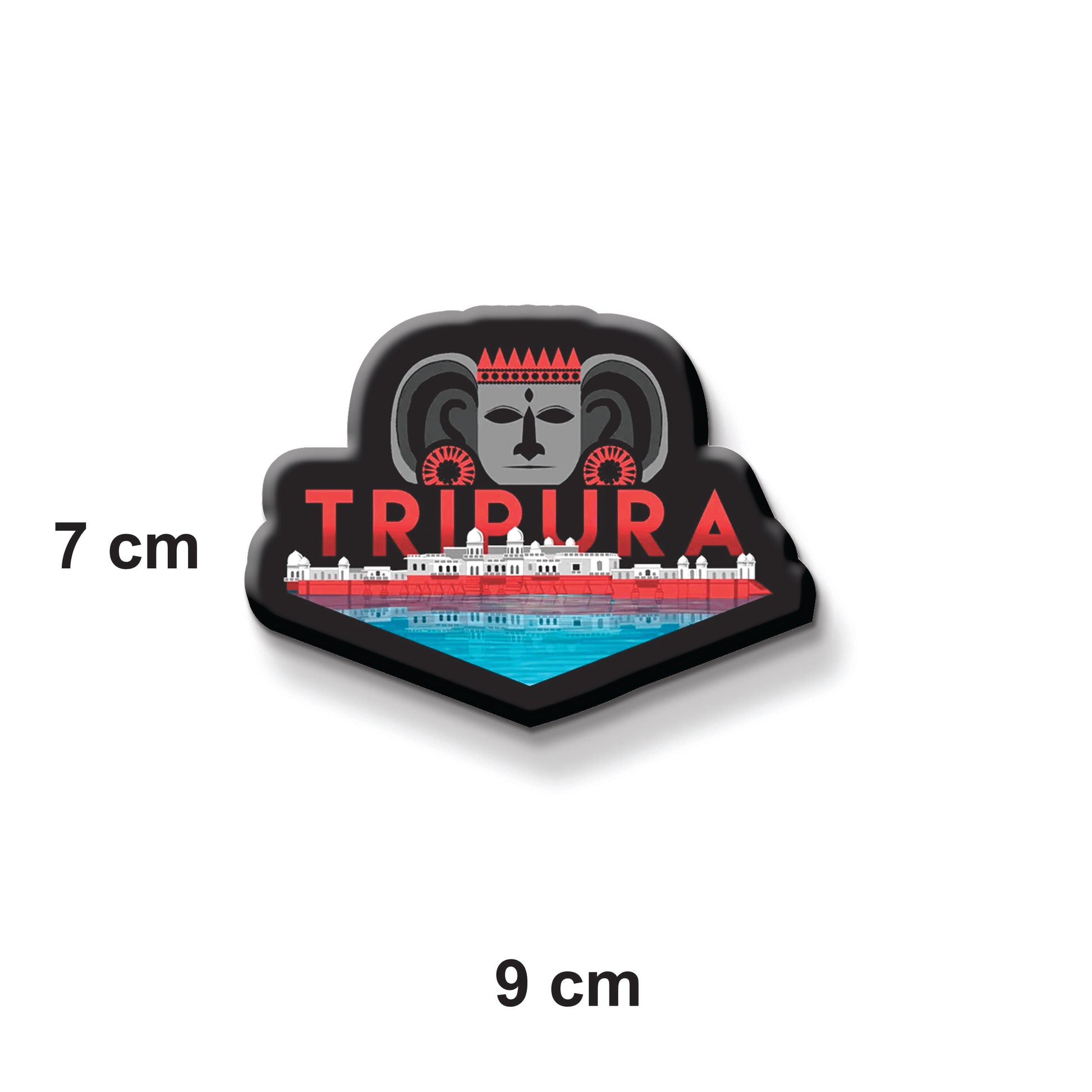 Magnet with 'TRIPURA' branding and measurements on a white background