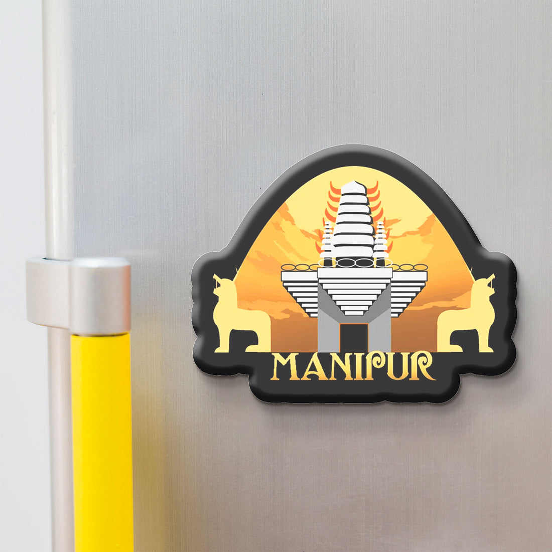 Fridge magnet with Manipur design on a metallic surface