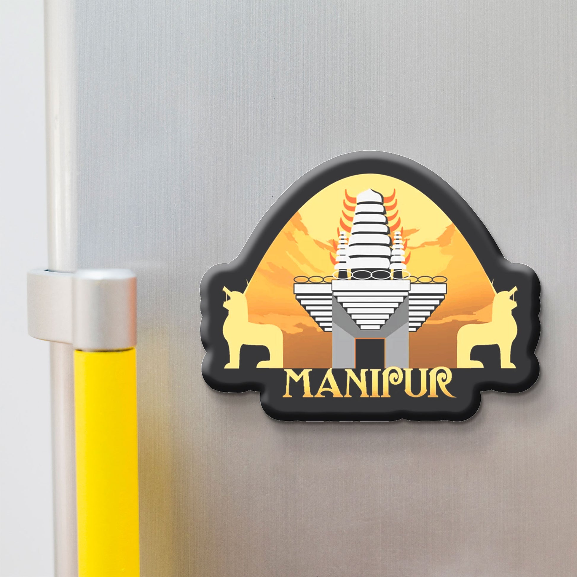Fridge magnet with Manipur design on a metallic surface
