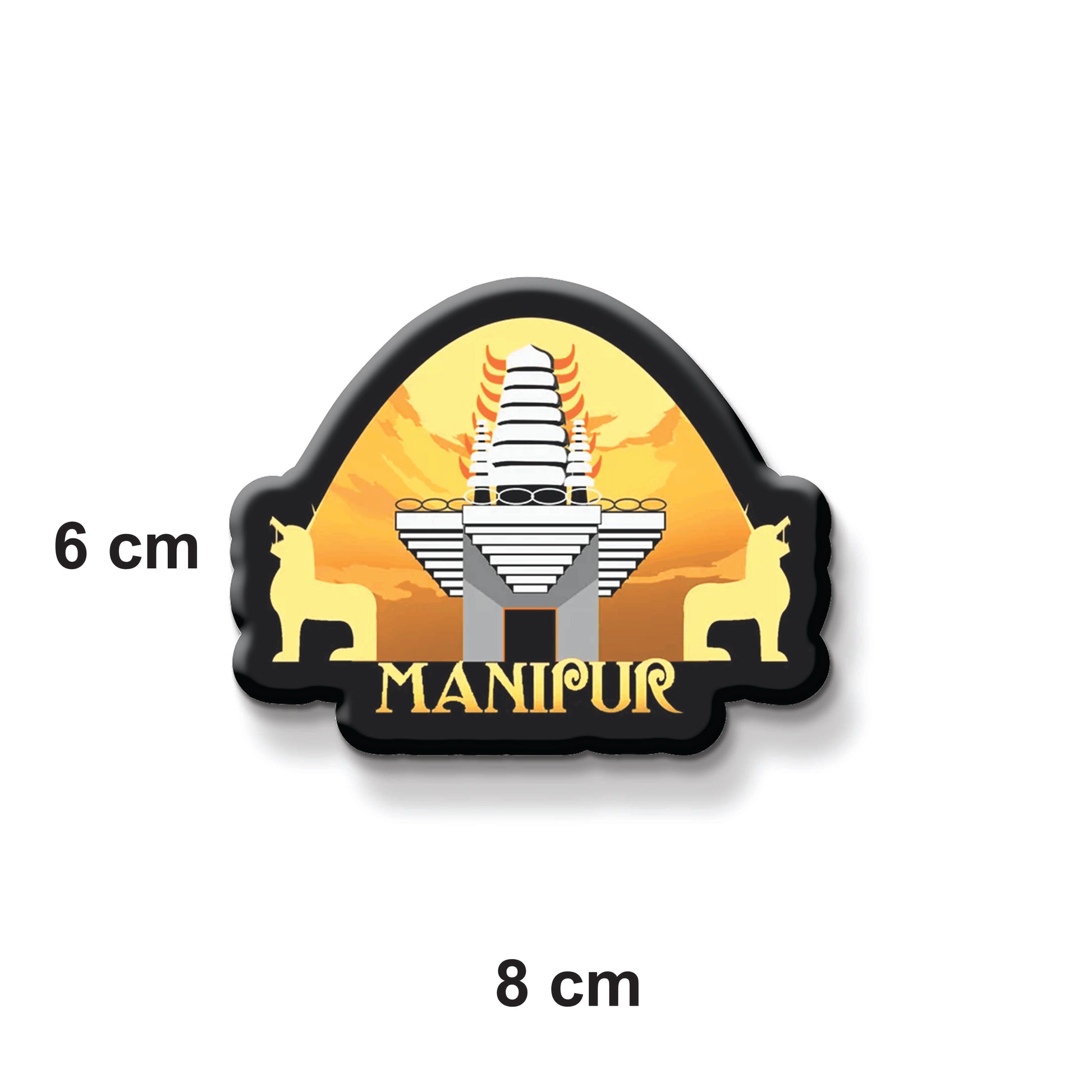 Magnet with 'Manipur' text and temple design, size indicated as 6x8 cm.