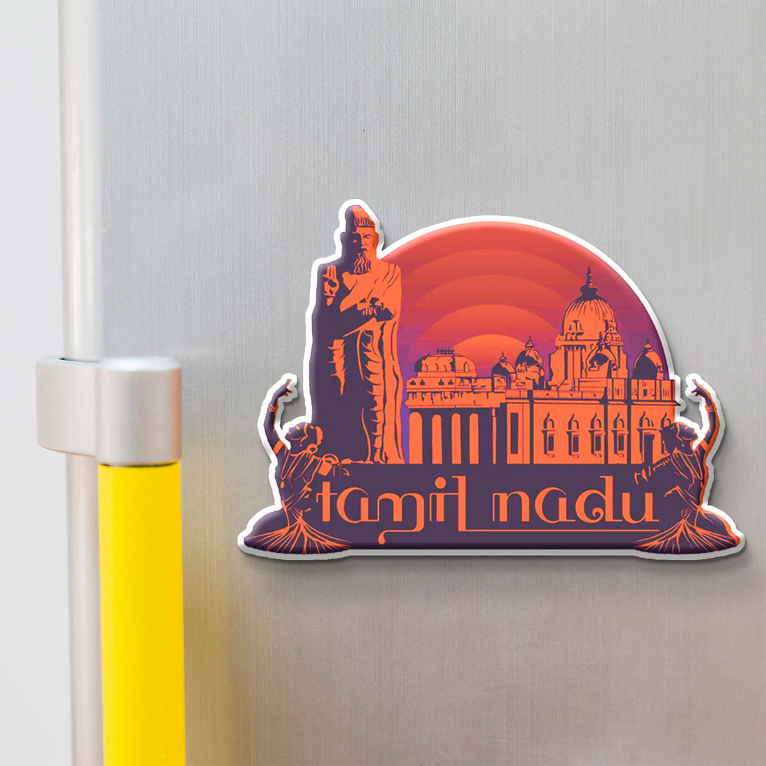 Fridge magnet with Tamil Nadu design on a refrigerator