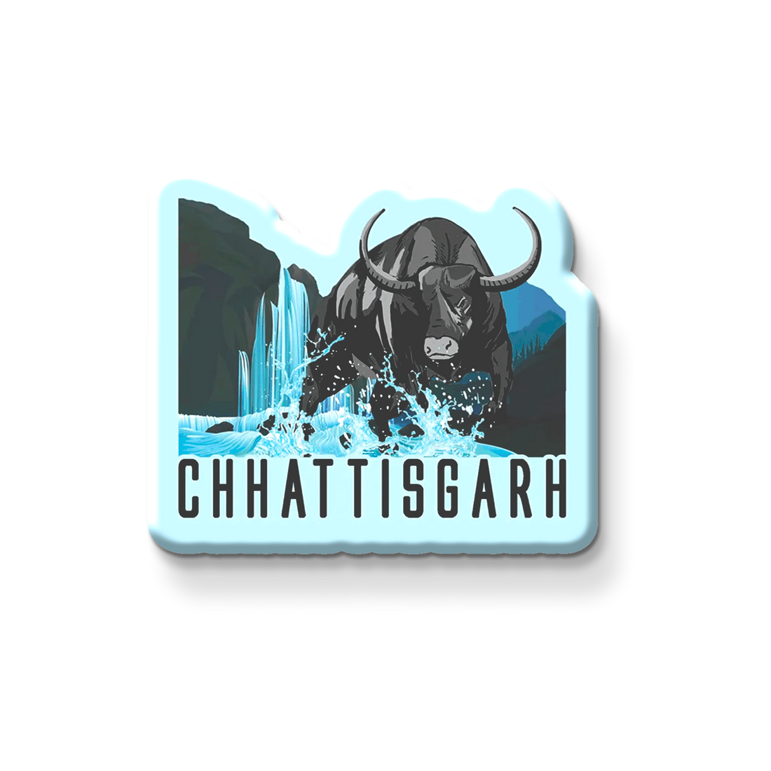 Fridge magnet with a bull design and 'Chhattisgarh' text on a metallic surface.
