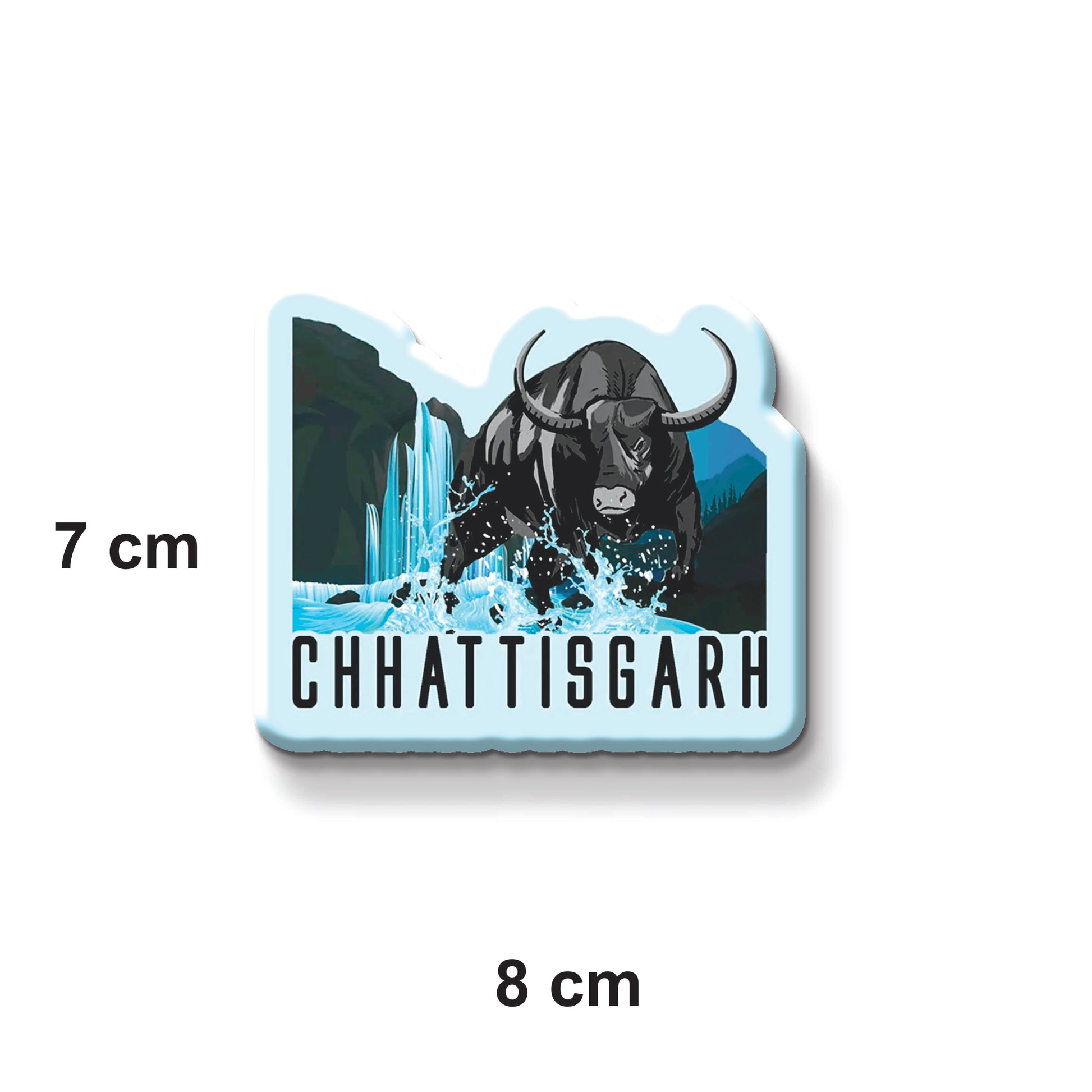 Magnet with a bull design and 'Chhattisgarh' text, dimensions indicated.