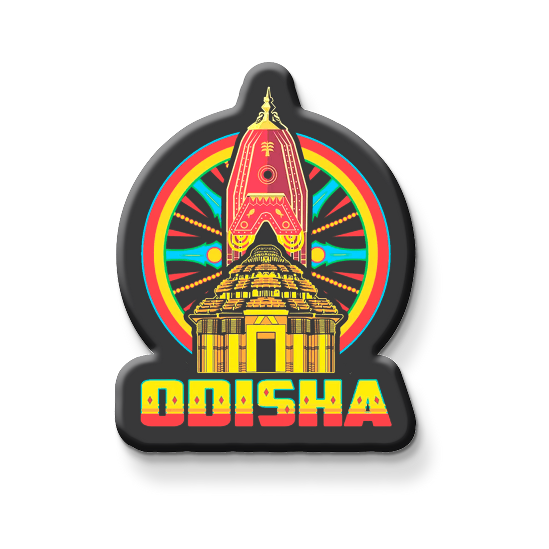 Decorative magnet with a colorful design and 'Odisha' text on a metallic surface
